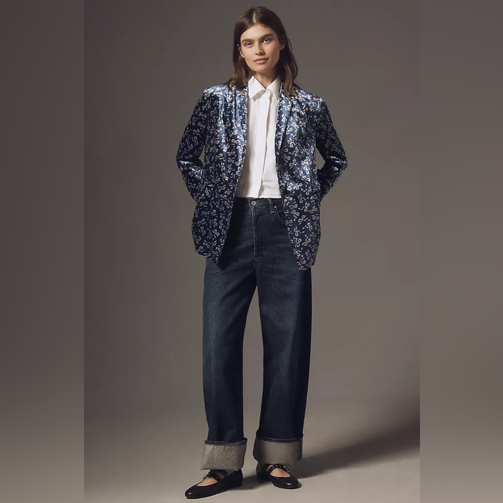 New Anthropologie x Maeve Tessie Blue Bow Printed Velvet Blazer Coat Jacket sz S